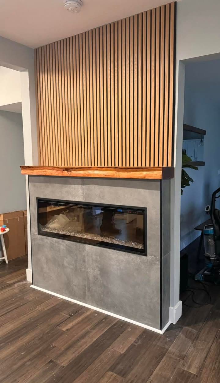Custom Electric Fireplace Facade - Tile & Wood Mantle Installation